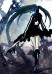  bikini_top black_hair black_rock_shooter black_rock_shooter_(character) blue_eyes boots burning_eye coat from_behind highres long_hair looking_back m.g._nemesi shorts solo sword twintails very_long_hair weapon 