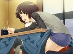  amagami ass black_eyes brown_hair cat cat_teaser denim denim_skirt highres kotatsu short_hair skirt solo table tachibana_miya takeda_yukimura 