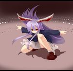  animal_ears bad_id bad_pixiv_id blazer bunny_ears fighting_stance glowing glowing_eyes jacket letterboxed long_hair mizuga pointing purple_hair red_eyes reisen_udongein_inaba serious solo squatting touhou very_long_hair 