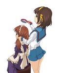  asahina_mikuru brown_eyes brown_hair hair_brush hair_ribbon hairband holding holding_brush holding_hair ikechi kita_high_school_uniform long_hair maid multiple_girls ribbon school_uniform serafuku short_hair suzumiya_haruhi suzumiya_haruhi_no_yuuutsu 