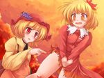  aki_minoriko aki_shizuha blonde_hair food fruit grapes hair_ornament hat highres leaf leaf_hair_ornament lzh multiple_girls red_eyes short_hair siblings sisters touhou 