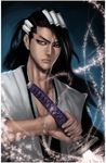  bad_deviantart_id bad_id black_hair bleach dissolving grey_eyes hair_ornament haori japanese_clothes katana kuchiki_byakuya long_hair male_focus petals realistic reza_kabir scowl shikai solo sword taichou_haori upper_body weapon 