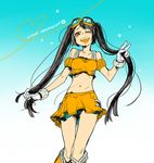  arancia black_hair blush boots gloves goggles heart long_hair midriff miniskirt navel one_eye_closed open_mouth orange_eyes orange_skirt original skirt solo twintails yoruai 