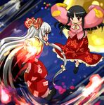  battle black_hair bow branch child duel fire fujiwara_no_mokou hair_bow hikami_izuto houraisan_kaguya jeweled_branch_of_hourai long_hair multiple_girls pants red_eyes rivalry silver_hair suspenders touhou 