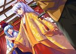  1boy 2girls alternate_costume blue_hair blush bow crossover dutch_angle fujiwara_no_mokou hair_bow hat japanese_clothes kamishirasawa_keine karaginu_mo katana kimono layered_clothing layered_kimono long_hair m.u.g.e.n multiple_girls no~ma open_mouth red_eyes samurai_spirits silver_hair sparkle sword touhou weapon yagyuu_juubei 