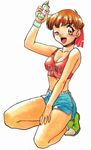  aerosol artist_request bandana bare_shoulders blush breasts brown_eyes brown_hair cleavage covered_nipples earrings gym_shorts headband jewelry medium_breasts midriff one_eye_closed one_knee open_mouth rebecca_chambers resident_evil short_hair shorts solo sports_bra sweat sweatband wristband 