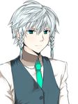  braid braids butler formal genderswap green_eyes izayoi_sakuya male_focus necktie short_hair simple_background smile solo suit touhou white_background white_hair 