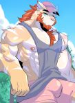  anthro beard bulge candy clothed clothing facial_hair felid food hat lollipop looking_at_viewer male mammal muscular muscular_male outside pantherine pecs shirt solo soraa tank_top tiger 