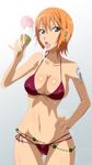  belly_chain bikini breasts chain_belt cleavage earings earrings food ice_cream jewelry nami nami_(one_piece) one_piece open_mouth orange_hair sexually_suggestive short_hair swimsuit tattoo tongue 