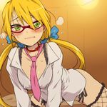  bespectacled blonde_hair blush bow bra_strap collar fang fishnets glasses green_eyes hair_bow hairu heart kuroi_nanako lucky_star necktie no_pants purple-framed_eyewear red-framed_eyewear solo sweat thighhighs twintails wavy_mouth 