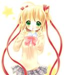  blonde_hair bow food green_eyes kamikita_komari kotori_(chilly_sky) little_busters! mouth_hold pink_bow pocky school_uniform short_hair solo 