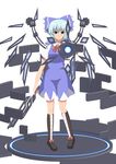  aiming_at_viewer bad_id bad_pixiv_id blue_eyes blue_hair boots bow cirno cross-laced_footwear dress hair_bow highres kinakomoti mechanical_wings pigeon-toed short_hair solo sword touhou weapon wings 