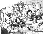  2boys book casual couch crossed_ankles earphones female_protagonist_(persona_3) greyscale handheld_game_console jack_frost monochrome multiple_boys persona persona_3 persona_3_portable pharos playstation_portable pyro_jack ron_(lovechro) shared_earphones thighhighs yuuki_makoto 