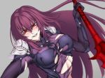  1girl akx90000 blurry blurry_background blush bodysuit breasts clenched_teeth erect_nipples eyebrows_visible_through_hair fangs fate/grand_order fate_(series) female floating_hair gae_bolg grey_background grin hair_intakes highres holding holding_spear holding_weapon large_breasts leaning leaning_to_the_side long_hair looking_at_viewer pauldrons polearm purple_bodysuit purple_hair red_eyes scathach_(fate)_(all) scathach_(fate/grand_order) shoulder_pads simple_background skin_tight slit_pupils smile solo spear teeth torn_bodysuit torn_clothes type-moon upper_body very_long_hair weapon 