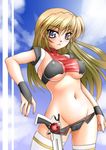  bikini blonde_hair blue_eyes breasts bridal_gauntlets cameltoe covered_nipples crop_top cross_mirage gloves gun handgun large_breasts long_hair lyrical_nanoha mahou_shoujo_lyrical_nanoha_strikers navel sakura_ryuuken shirt sideboob skindentation solo swimsuit taut_clothes taut_shirt teana_lanster thighhighs underboob weapon 