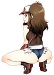  ass bag blue_eyes blush boots brown_hair grin long_hair looking_back mizuryuu_kei pokemon pokemon_(game) pokemon_black_and_white ponytail shorts simple_background smile solo squatting touko_(pokemon) vest white_(pokemon) 