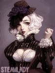  breasts cglange cleavage flower hat large_breasts lips looking_at_viewer mini_hat neck_ruff no_lineart original purple_eyes short_hair solo steampunk upper_body victorian white_hair 