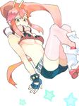  bikini_top breasts falling fingerless_gloves gloves large_breasts long_hair ponytail red_hair scarf short_shorts shorts smile solo star striped striped_scarf tegaki tengen_toppa_gurren_lagann thighhighs underboob yellow_eyes yoko_littner zukki_(suzukio) 