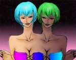  2girls black blue_hair cleavage conjoined green_hair interracial multi_breast multi_head twins undressing 