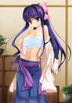  blue_eyes japanese_clothes kamiya_kaoru long_hair purple_hair ribbon rurouni_kenshin sarashi smile undressing very_long_hair 