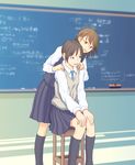  brown_eyes brown_hair chair chalkboard classroom flash_tomo glasses hands_on_own_knees highres multiple_girls necktie original school_uniform sitting skirt sweater_vest 