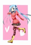  blue_eyes blue_hair blush boots chain collar legs long_hair nymph_(sora_no_otoshimono) skirt solo sora_no_otoshimono striped striped_legwear thighhighs twintails 