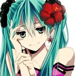  aqua_hair blue_eyes earrings face flower hair_flower hair_ornament hatsune_miku jewelry long_hair solo strap_slip twintails vocaloid washitaro 