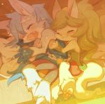  2014 4_fingers blue_hair blush canid canine clothed clothing duo ear_tuft female fingerless_gloves fully_clothed gloves green_hair hair hug kemono long_hair male mammal open_mouth outside pawpads pillow ricosye sleeping smile tuft 