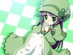  :o black_hair blush bow bowtie capelet checkered checkered_background deerstalker dress green green_capelet green_dress green_eyes green_hat hands_together hat hercule_barton long_dress long_hair long_sleeves own_hands_together poncho skirt solo tantei_opera_milky_holmes yugi_(magical-dreamer) 