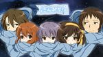  3girls :t asahina_mikuru blush brown_eyes brown_hair expressionless frown grey_hair hair_ribbon kana_(okitasougo222) koizumi_itsuki kyon long_hair multiple_boys multiple_girls nagato_yuki night ribbon scarf shared_scarf short_hair smile suzumiya_haruhi suzumiya_haruhi_no_yuuutsu 