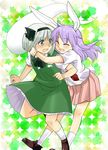  animal_ears blue_eyes blush bunny_ears closed_eyes embarrassed happy hug hug_from_behind konpaku_youmu konpaku_youmu_(ghost) koyama_shigeru long_hair multiple_girls purple_hair reisen_udongein_inaba shirt short_hair silver_hair smile touhou 