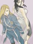  2girls back-to-back back_to_back bare_shoulders black_eyes black_hair blonde_hair blue_eyes breasts dreadlocks fullmetal_alchemist hair_over_one_eye hairlocs izumi_curtis lips long_hair military military_uniform multiple_girls olivier_armstrong olivier_mira_armstrong sandals simple_background smile standing sword uniform weapon 