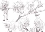  armband blazer blush demon_girl dress_shirt frown glasses greyscale hair_ornament high_heels horn jacket kneesocks_(psg) long_hair moketa monochrome multiple_views necktie panty_&amp;_stocking_with_garterbelt pointy_ears ponytail school_uniform scythe see-through shirt shoes skirt smile tears thighhighs weapon 