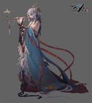  branch bug butterfly cglange dress flower full_body hair_ornament insect long_hair no_lineart silver_hair simple_background solo tattoo very_long_hair xian_xia_zhuan 