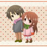  1girl asahina_mikuru brown_eyes brown_hair chibi coat holding_hands koizumi_itsuki long_hair pantyhose scarf short_hair suzumiya_haruhi_no_yuuutsu tokiomi_tsubasa white_legwear winter_clothes 