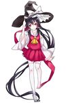  ascot bad_id bad_pixiv_id black_hair detached_sleeves hakurei_reimu hat highres long_hair mewkoala red_eyes skirt solo thighhighs touhou very_long_hair white_legwear witch_hat 