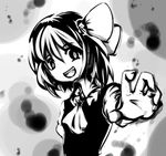 abstract_background ascot black_dress claw_pose dress evil_smile fang fingernails flat_chest foreshortening grey_background greyscale hair_between_eyes hair_ribbon hands head_tilt high_collar long_sleeves looking_at_viewer monochrome no_nose open_mouth outstretched_arm reaching rekurisu ribbon rumia short_hair slit_pupils smile solo teeth touhou upper_body white_background white_ribbon wing_collar 