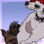  2018 anthro black_nose breasts canine dickgirl dickgirl/male digital_media_(artwork) dog duo intersex intersex/male kneeling male mammal oral rokemi simple_background 