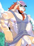  anthro balls beard bottomless candy clothed clothing facial_hair felid flaccid food hat humanoid_penis lollipop looking_at_viewer male mammal muscular muscular_male outside pantherine pecs penis pubes shirt solo soraa tank_top tiger uncut vein 