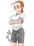  1girl brown_eyes brown_hair bulge cameltail futanari glasses maruchiro penis shorts simple_background solo 