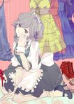  bad_id bad_pixiv_id braid clothes_hanger dress gloves high_heels highres izayoi_sakuya maid maid_headdress red_eyes shoes short_hair silver_hair sitting solo touhou twin_braids wariza wrist_cuffs yuzutatata 