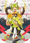  animal_ears fang green_hair highres japanese_clothes kimono original short_hair solo uchako yagasuri yellow_eyes 
