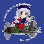  aircraft airplane arrow blush_stickers bow_(weapon) braid chibi commentary constellation do_335 hat iron_cross long_hair military nurse_cap ribbon sakurato_tsuguhi silver_hair solo swastika touhou weapon world_war_ii yagokoro_eirin 