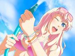  :d ;d bikini bikini_top blue_eyes bracelet eyewear_on_head glasses hose jewelry long_hair macross macross_frontier nishiwaki one_eye_closed open_mouth pink-framed_eyewear pink_hair sheryl_nome smile solo sunglasses swimsuit upper_body 