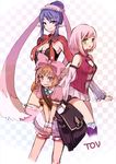  2girls bag blush bow brown_eyes brown_hair crossdressing elf estellise_sidos_heurassein green_eyes hair_ribbon judith karol_capel multiple_girls otoko_no_ko pink_bow pink_hair pointy_ears purple_hair ribbon short_shorts shorts sugano_manami tales_of_(series) tales_of_vesperia white_background white_bloomers 