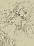  :3 belt breasts face fingerless_gloves foreshortening from_above gloves hands jin_(mugenjin) lying medium_breasts midriff monochrome navel on_back open_clothes open_shirt original reaching shirt short_hair sketch smile solo spot_color unzipped white_eyes 