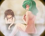  ass back bath blush breast_envy breasts brown_eyes brown_hair flx green_hair hakurei_reimu kochiya_sanae looking_at_breasts medium_breasts multiple_girls nude short_hair sitting steam touhou wet 