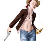  alcohol bad_id bad_pixiv_id blue_eyes bottle breasts denim fallout fallout_new_vegas gun handgun hat holding holding_bottle holding_gun holding_weapon jeans jewelry midriff necklace no_bra open_clothes open_fly open_shirt pants ponytail red_hair revolver rose_of_sharon_cassidy shirt small_breasts solo unbuttoned unzipped weapon whiskey yorimitsu 