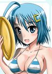  bikini blue_eyes blue_hair frisbee mint_(cerbi) original short_hair solo striped striped_bikini swimsuit 