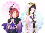  2girls aya_gozen black_hair bracelet brown_eyes feather feathers female green_eyes hairband hood hosokawa_gracia jewelry long_hair mellow_itu multiple_girls red_hair robe sengoku_musou sengoku_musou_2 sengoku_musou_3 short_hair 